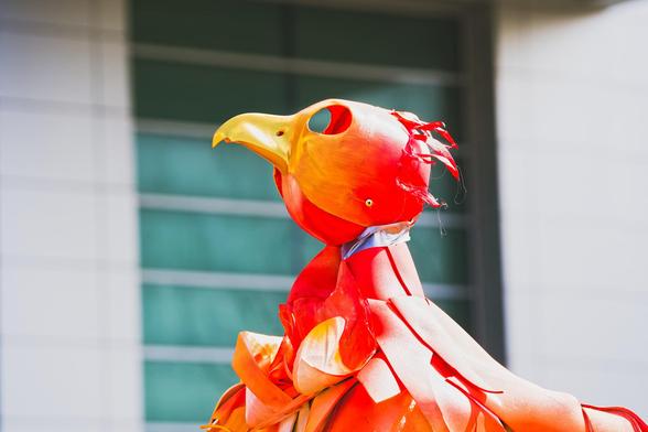 Orange round bird head with circular eyes cut out and beak and feathers made of hard plastic with a rectangular patterned window behind him