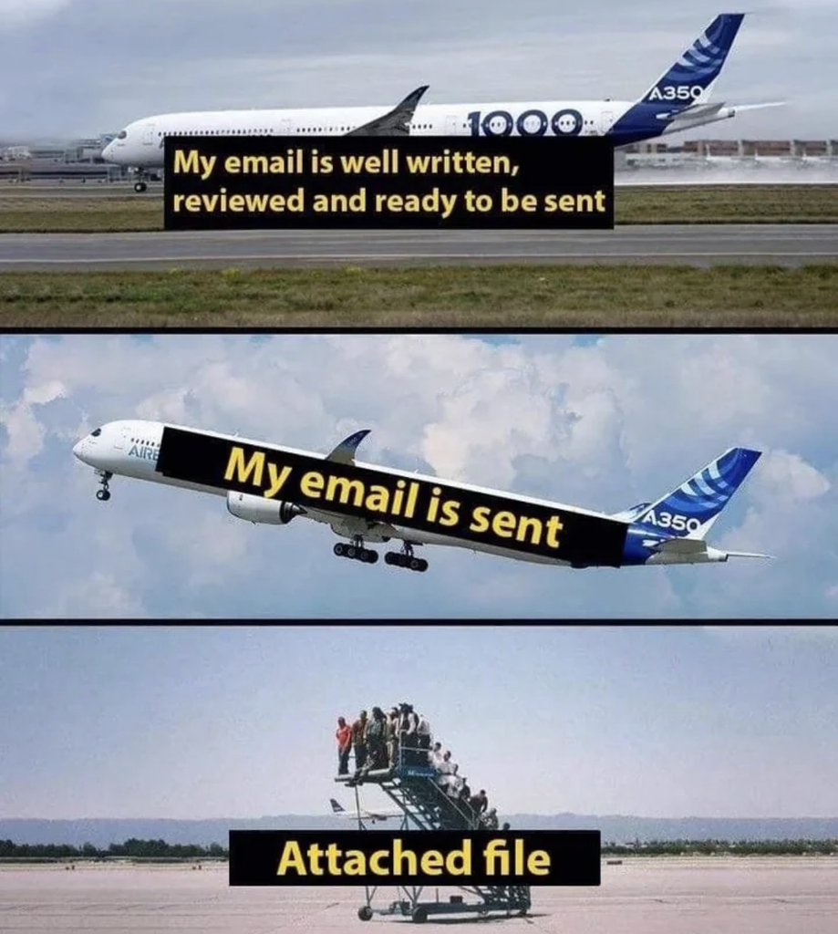 A three-panel meme using aviation photos. The first panel shows an Airbus A350 on the runway with the text, "My email is well written, reviewed and ready to be sent." The second shows the plane taking off with the text, "My email is sent." The third shows the mobile boarding stairs left behind on the tarmac with the text, "Attached file."