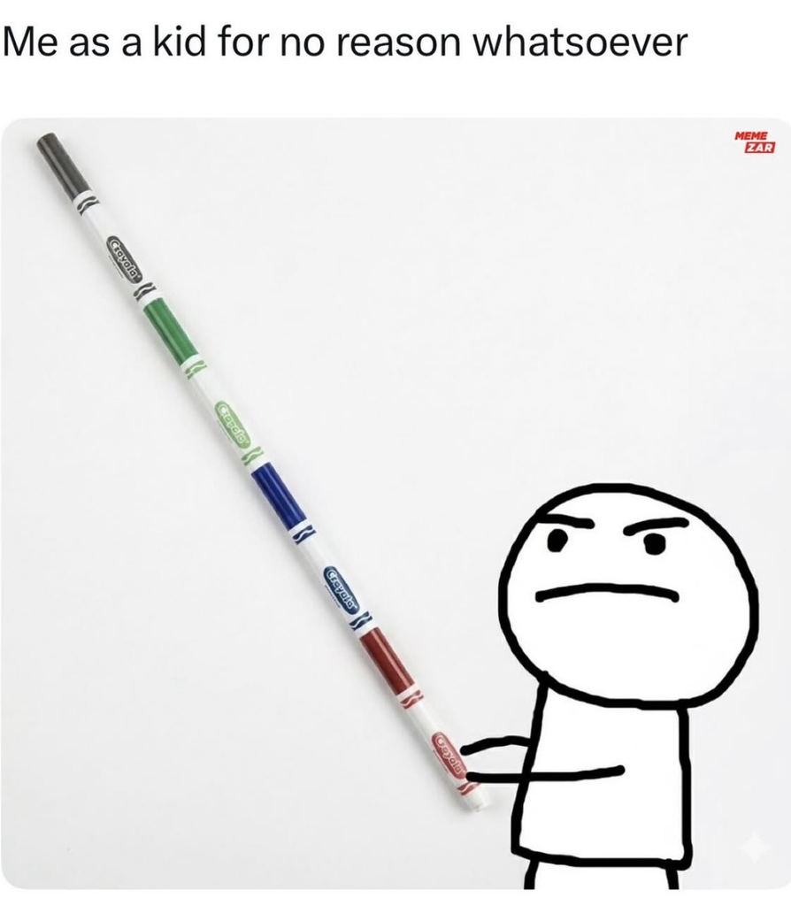 A digital drawing of a stick figure with a determined expression. The figure is holding a long staff made by connecting several colorful Crayola markers end-to-end. The text at the top reads, "Me as a kid for no reason whatsoever."