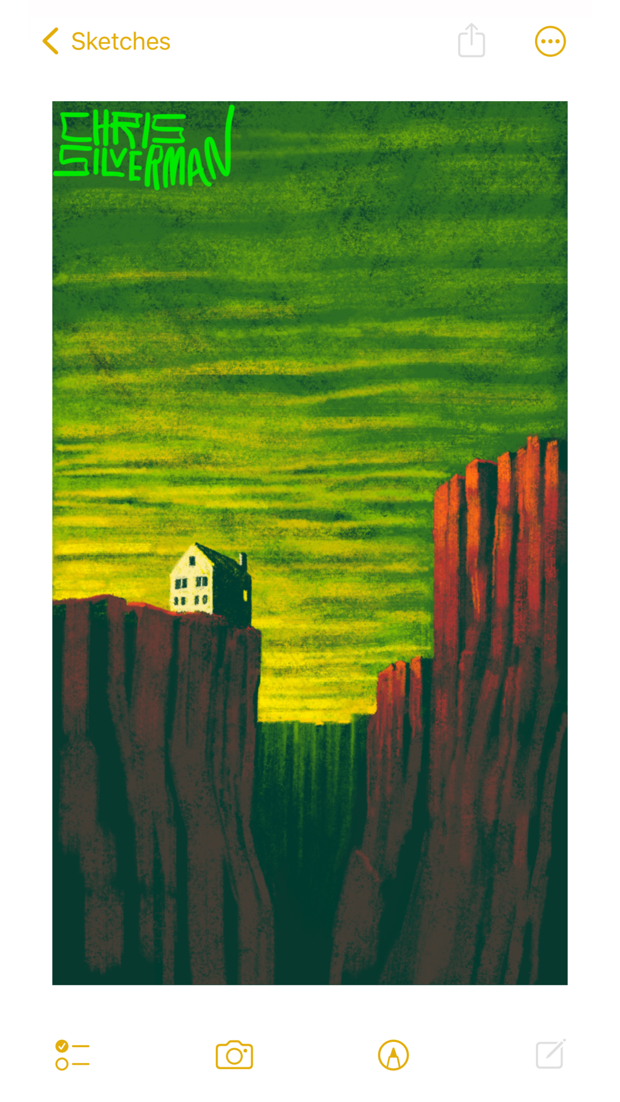 A deep canyon, with craggy reddish cliffs on both sides. The sunlight is coming from the left, turning the upper half of one of the cliffs a bright orange. The sky is heavily cloudy and an eerie yellowish-green. On the left cliff, so close to the edge it looks like it is about to fall off, sits a white three-story house, one side blazing in the late afternoon sunlight. On the darkened side of the house, one window is lit. The painting is signed "Chris Silverman".
