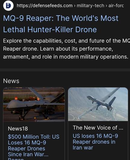  https://defensefeeds.com » military-tech 

MQ-9 Reaper: The World's Most
Lethal Hunter-Killer Drone
Explore the capabilities, cost, and future of the Reaper drone. Learn about its performance,


News18 The New Voice of ...

$500 Million Toll: US US loses 16 MQ-9




