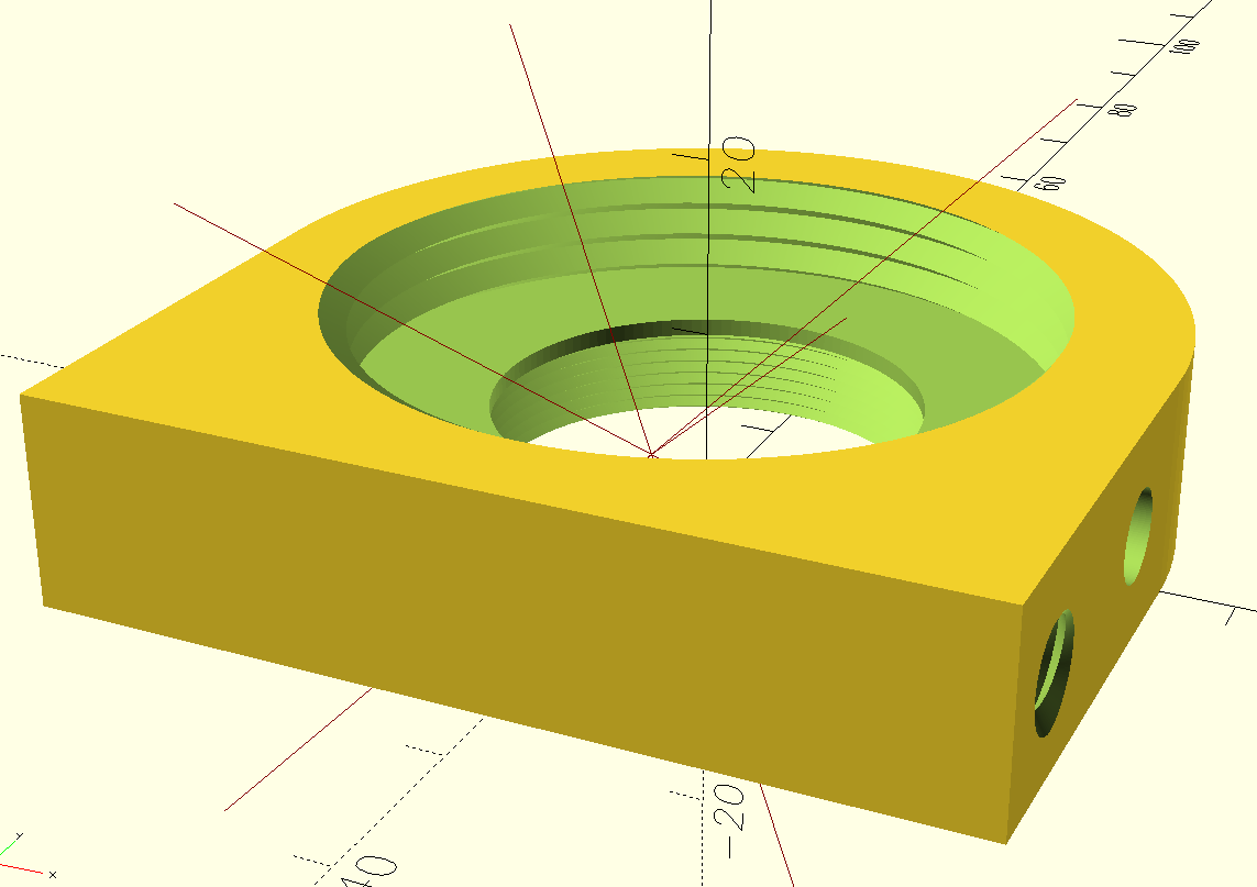 Element w programie do projektowania obiektów 3D w kształcie podkowy z otworem przez środek Z jednej (dolnej) strony z drobnym gwintem 2.54×0.75mm z drugiej (górnej) grubszym 42×2mm.
Z boku dodatkowe otwory i gwint umożliwiający przykręcenie przedmiotu do statywu fotograficznego.