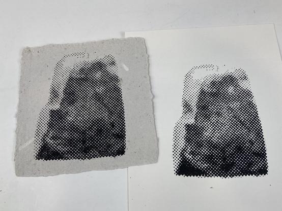A photo of a rock, made into a halftone, then into a print.