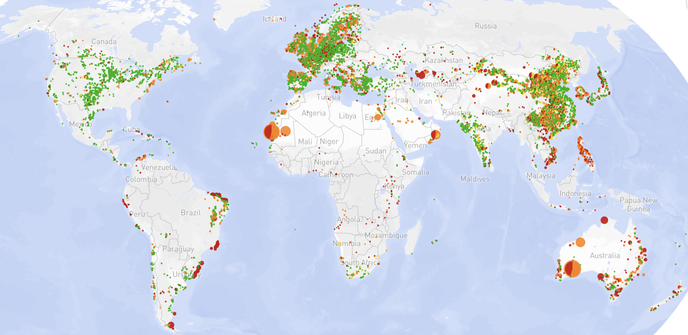 World map showing current and future wind generation locations, with significant clusters in Europe and China