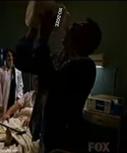 MadTV spoof of House MD screen shot of House downing thousands of vicodin pills. 
Wording changed on tub to No-Doze for a meme, indicating a tub of No-Doze is being downed to stay awake/wake up.