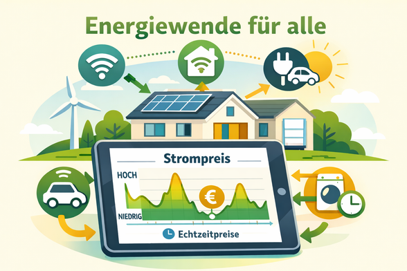 Modernes, helles Infografikbild zur Energiewende: Im Vordergrund steht ein Tablet mit der Aufschrift „Echtzeitpreise“, das eine dynamische Strompreiskurve zwischen „hoch“ und „niedrig“ zeigt. Rundherum veranschaulichen Icons für WLAN, Smart Home, E-Auto und Haushaltsgeräte die intelligente Steuerung und den Energiefluss. Im Hintergrund ein schlicht dargestelltes Einfamilienhaus mit Solarpanels auf dem Dach und Batteriespeicher an der Wand, ergänzt durch eine Windkraftanlage und sonnigen Himmel.…