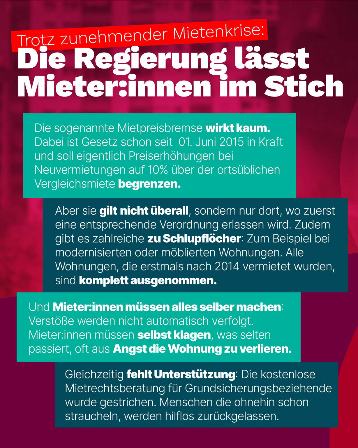 Grafik mit Kritik an der Mietpreisbremse: Sie wirke kaum, habe Schlupflöcher und lasse Mieter:innen ohne ausreichenden Schutz
