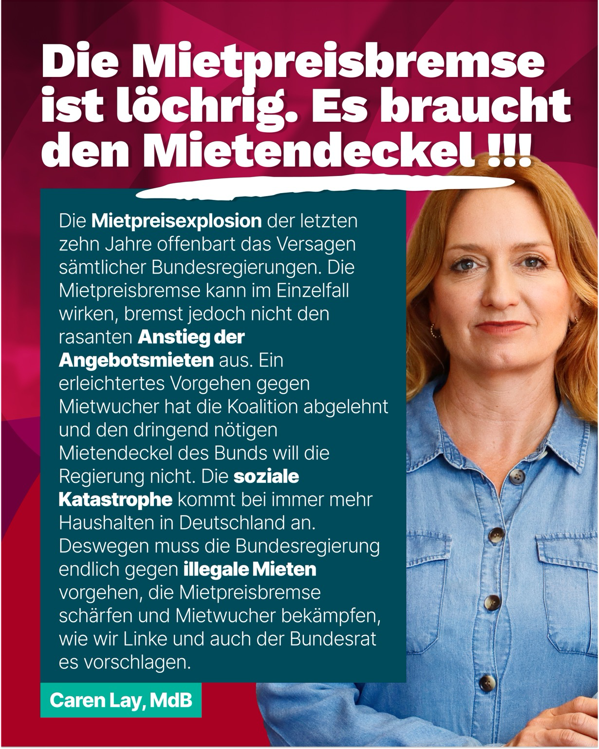 Porträt von Caren Lay mit Zitat: Forderung nach Mietendeckel, Kritik an steigenden Mieten und unzureichender Regierungspolitik.