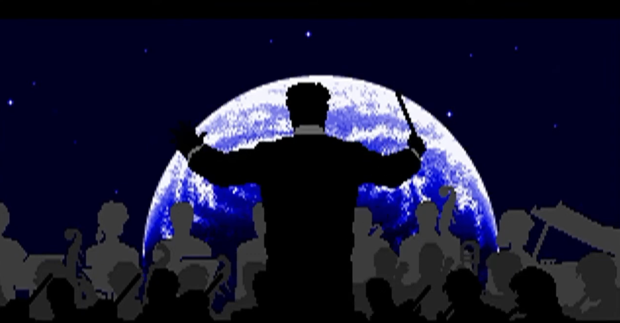Wing Commander intro: the outline of an orchestra in space with the Earth as background