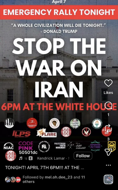 EMERGENCY RALLY TONIGHT

"A whole civilization will die tonight." -- Donald Trump

STOP THE WAR ON IRAN

6pm at The White House

(A list of ~18 organizations participating or sponsoring.)