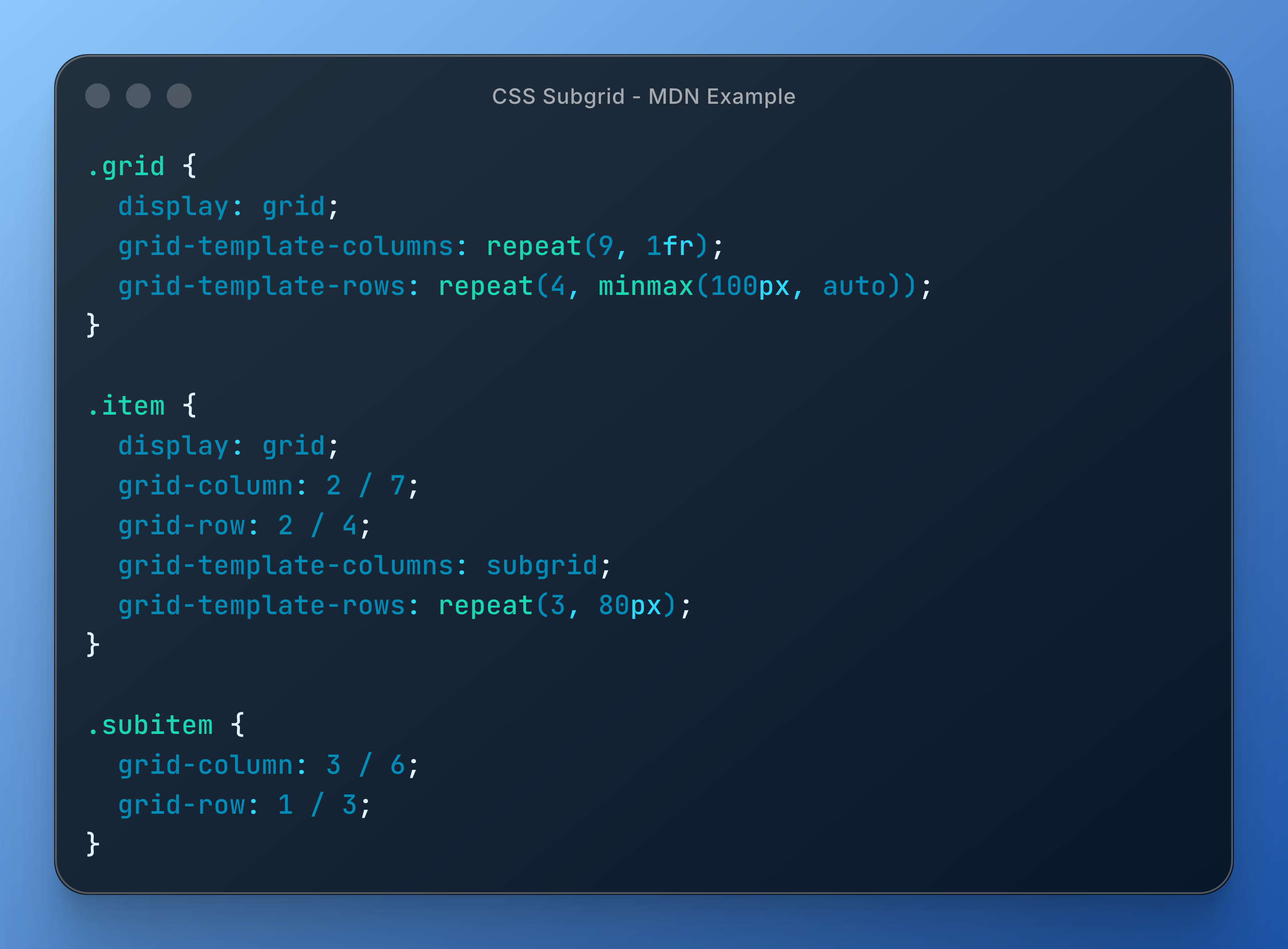 Code snippet showcasing CSS Subgrid implementation with defined grid properties for a main grid, items, and sub-items.