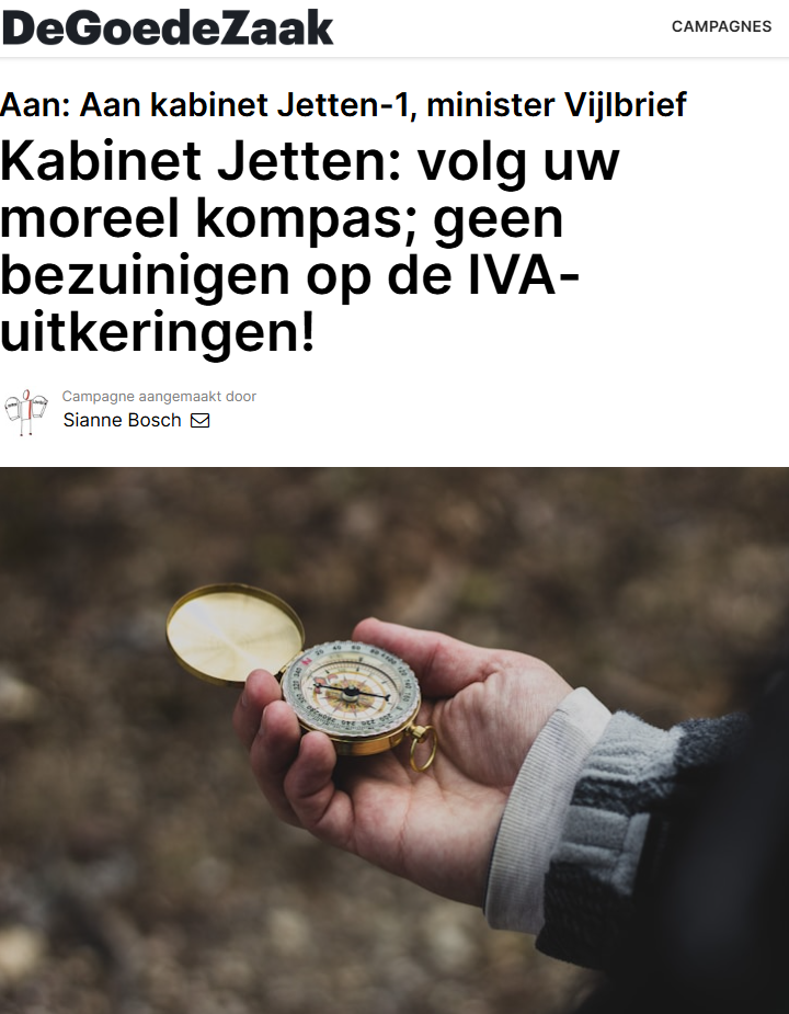 Kabinet Jetten: volg uw moreel kompas; geen bezuinigen op de IVA-uitkeringen!