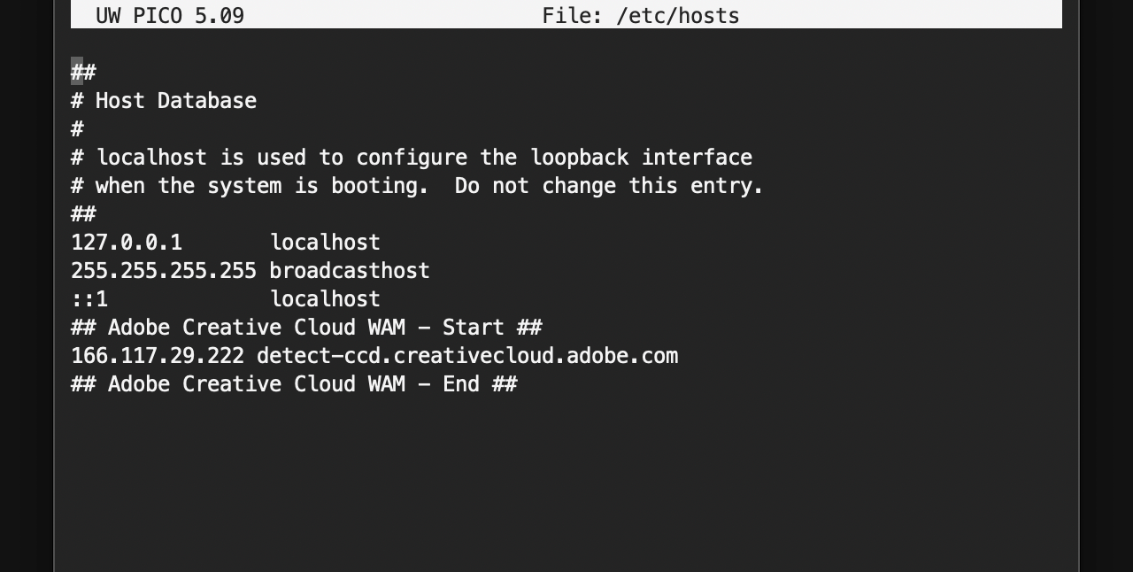 A screenshot of the macOS Terminal app showing an /etc/hosts file that’s been modified by Adobe.
