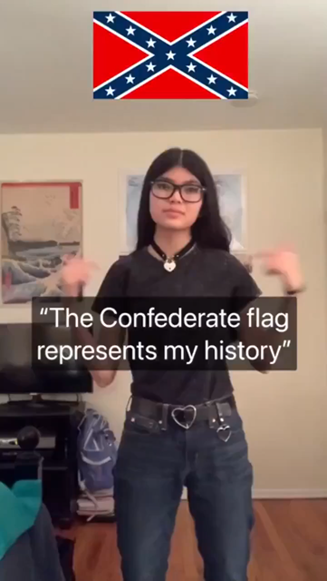 A video (creator unknown) that starts with a young woman with long black hair and glasses wearing a t-shirt and Levi’s pointing downwards at a caption that says “The Confederate Flag Represents My History”
Above her head is the graphic of a confederate battle flag
While the opening strains of “Dixie” play
On the opening lyrics of the song, the entire scene changes
The young woman is now wearing a US Army (Union) uniform, her eye glowing red as she’s making a “L” symbol at her forehead as waving…