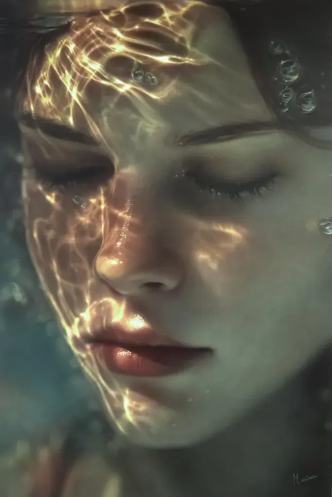 A realistic painting of a person's face submerged in water with their eyes closed. Shimmering sunlight creates bright, wavy caustic patterns across the skin, and small air bubbles are scattered throughout the scene.