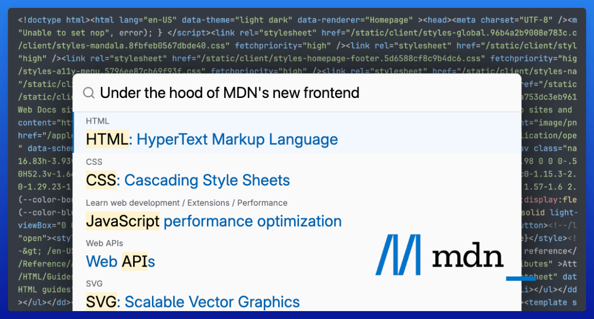 MDN's frontend update features HTML, CSS, JavaScript performance, Web APIs, and SVG, emphasizing improved efficiency and reduced resources.