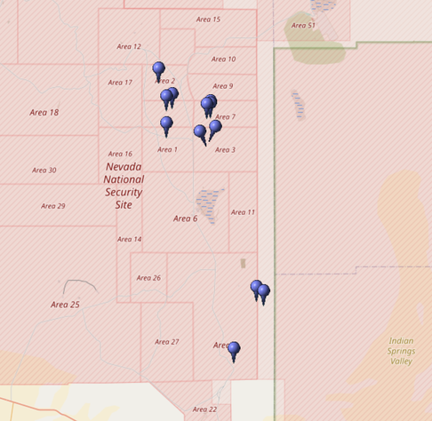 Kartierung aller Koordinaten von "Operation Upshot Knothole (Atomtest)" im Testgebiet Nevada (Nevada National Security Site, NNSS)
Quelle: OpenStreetMap
Lizenz: Open Data Commons Open Database-Lizenz (ODbL)