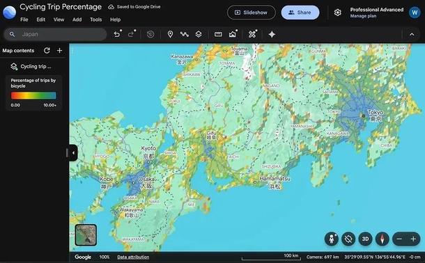 Cycling trip share map showing high levels in Tokyo, Osaka