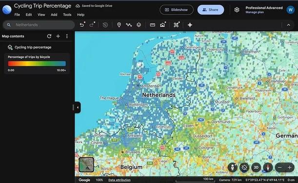 Cycling trip share map layer showing high shares in The Netherlands and north-west Belgium, as well as northern Germany