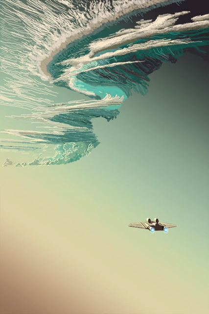 A video of the development of a digital painting, featuring a plane-like spaceship in a vast cloudy sky, in shades of greenish blue, white and tan.
