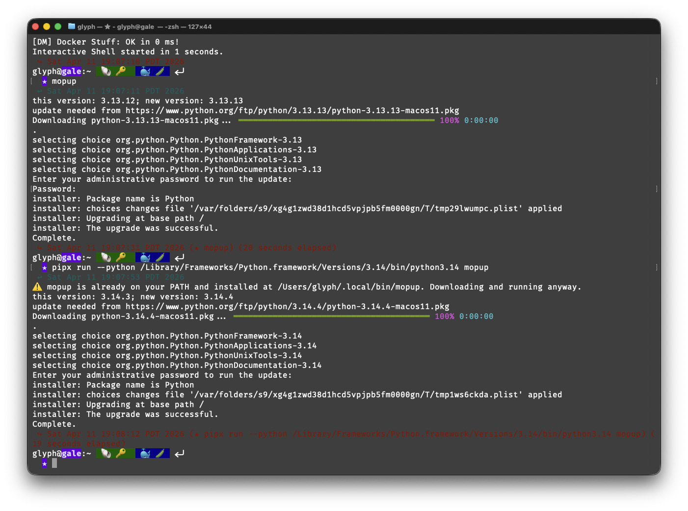 a screenshot of a terminal running mopup to upgrade python 3.13.12 to 3.13.13 and 3.14 from 3.14.3 to 3.14.4