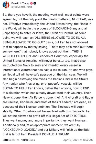 Message from Trump about blockade Hormuz