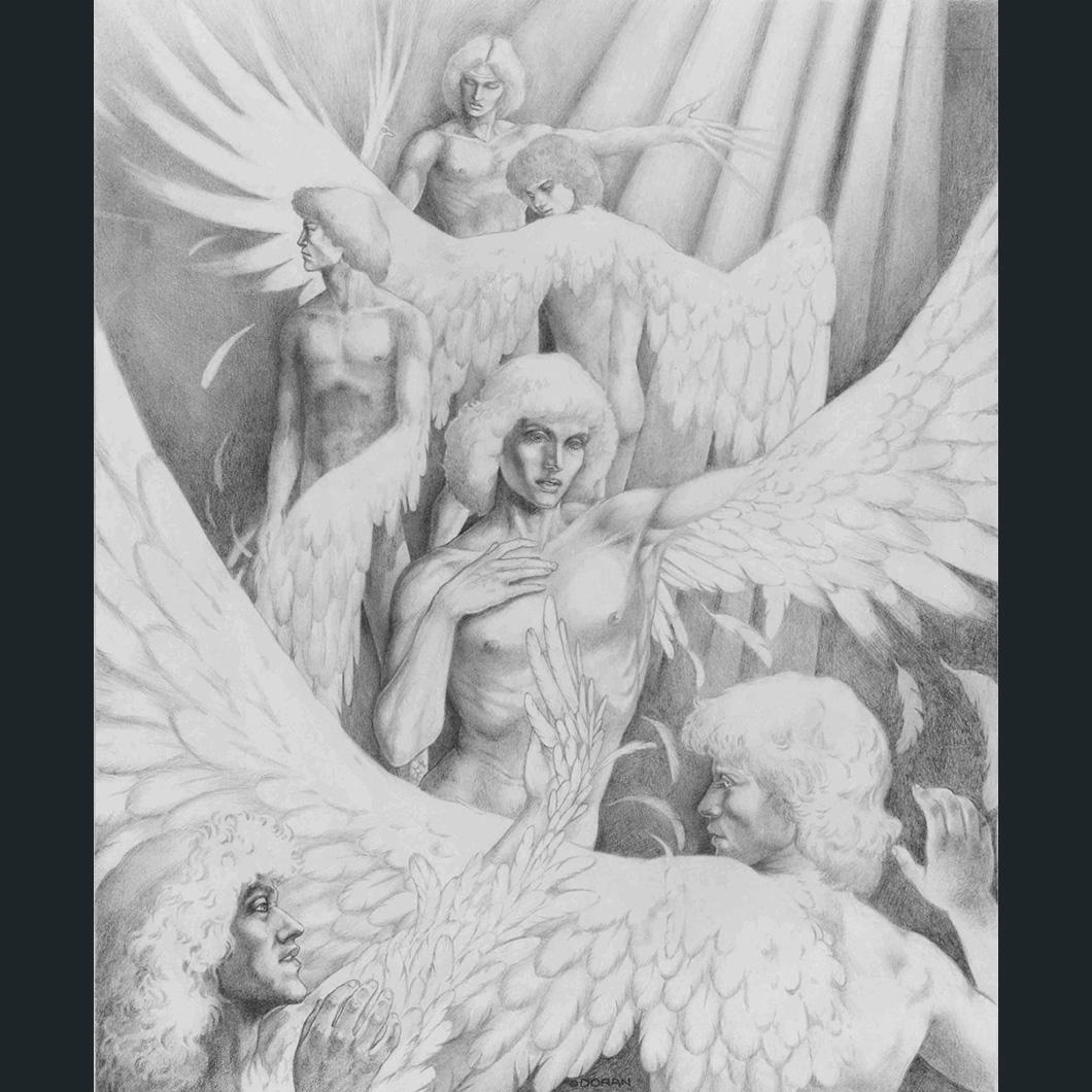 A pencil drawing of six young man who are transforming into swans, their arms stretching out as wings.