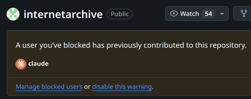 screenshot from Github repository of Internet Archive command line tool, which I use daily, showing that a blocked user (Claude code agent) has contributed to this repository