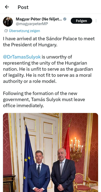 Magyar Peter says that Hungarian president should leave