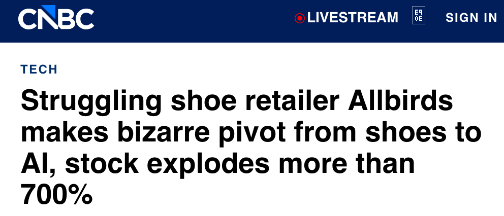 CNBC: Struggling shoe retailer Allbirds makes bizarre pivot from shoes to Al, stock explodes more than 700% 
