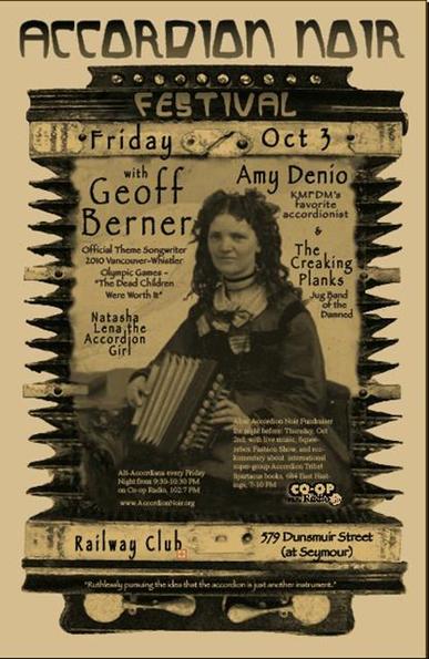 Poster from the first Accordion Noir festival in 2008. Sepia tone frame of an antique button accordion. Inside the frame of the accordion there’s an antique portrait of a lady playing an 1800s era fancy French “flutina” style Accordion. Surrounding her is information about the festival, including artists like Geoff Berner, Amy Denio, and the creaking planks.
