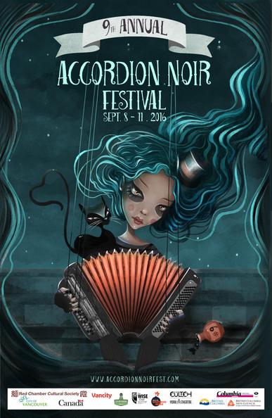 Ninth Accordion Noir festival from 2016. Beautiful poster featuring a goth fem accordionist with billowing blueish hair and a black cat on her shoulder. 