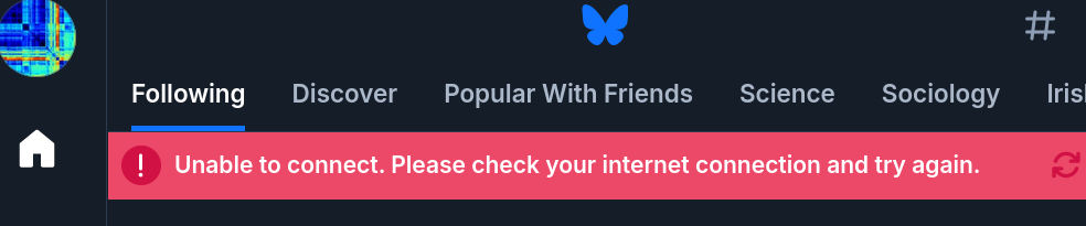 Screenshot of Bluesky outage message saying "Please check your internet connection"