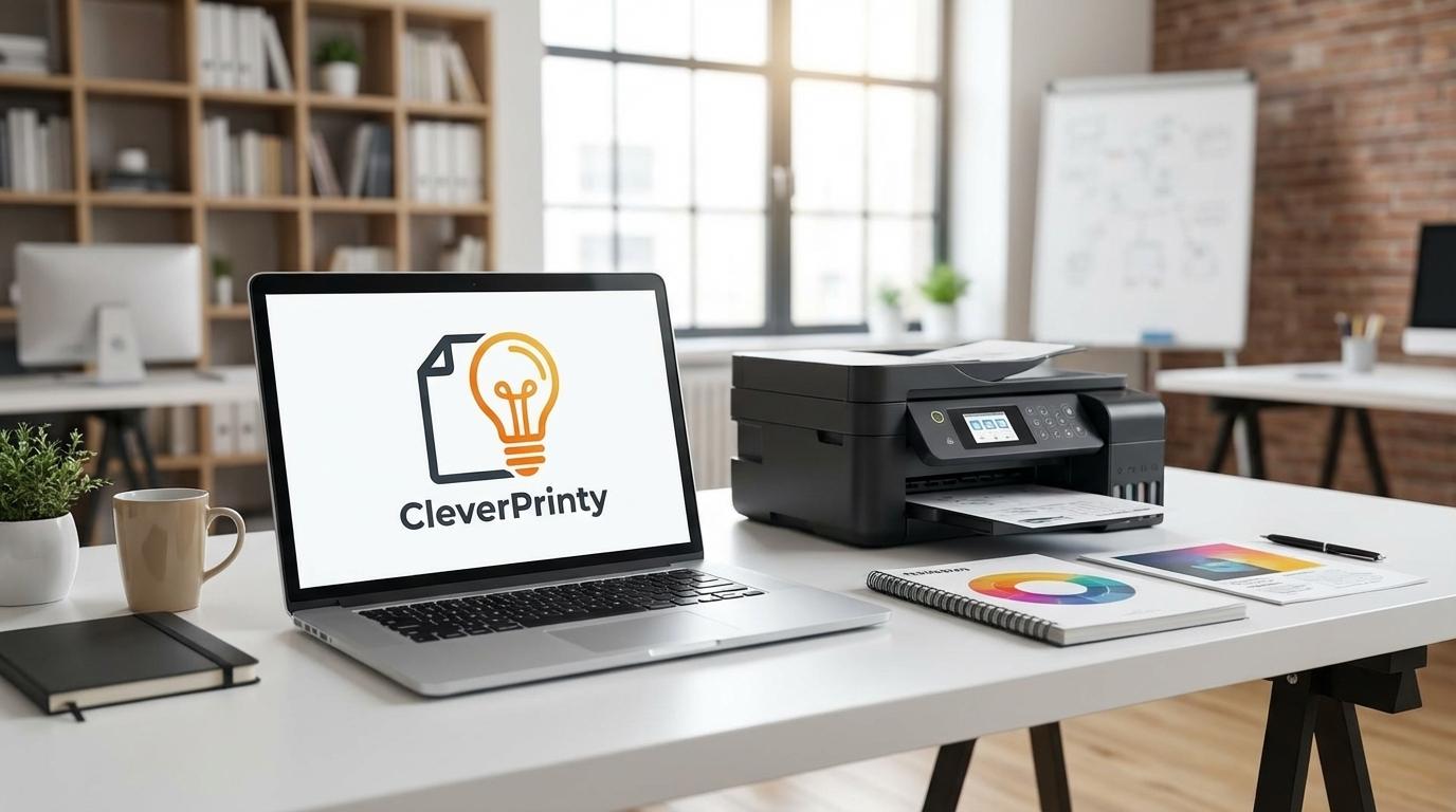 A professional workspace featuring a laptop with the CleverPrinty logo on the screen, a printer, and minimalist design layouts on a desk. The aesthetic is clean, modern, and focused on productivity.