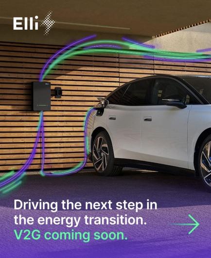 An electric vehicle is plugged into a charging station against a wooden backdrop. Colorful lines suggest energy transfer. Text promotes a new energy transition initiative from Elli, mentioning V2G technology coming soon.