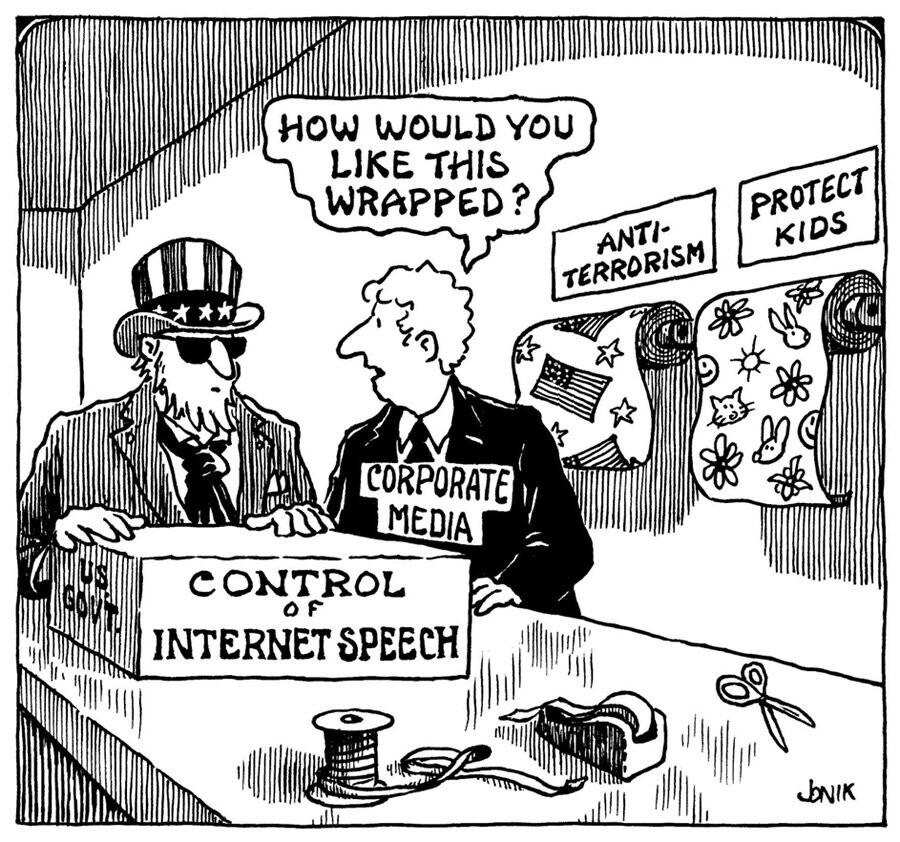 A cartoon depicting a conversation between two figures at a counter. One, resembling a classic Uncle Sam figure with secret agent sunglasses, holds a box labeled "CONTROL OF INTERNET SPEECH." The other wears a sign reading "CORPORATE MEDIA" and is asking how the contents should be wrapped. On the wall are two rolls of wrapping paper, labeled “ANTITERRORISM” and “PROTECT KIDS”