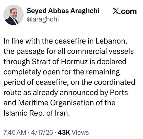 Iran announcing the opening of the strait of Hormuz