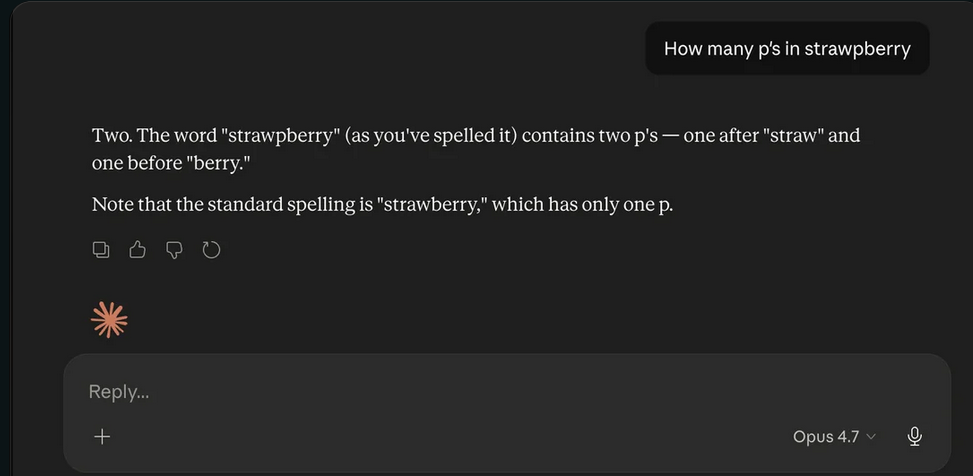 Opus 4.7 failing to count letters, screenshot