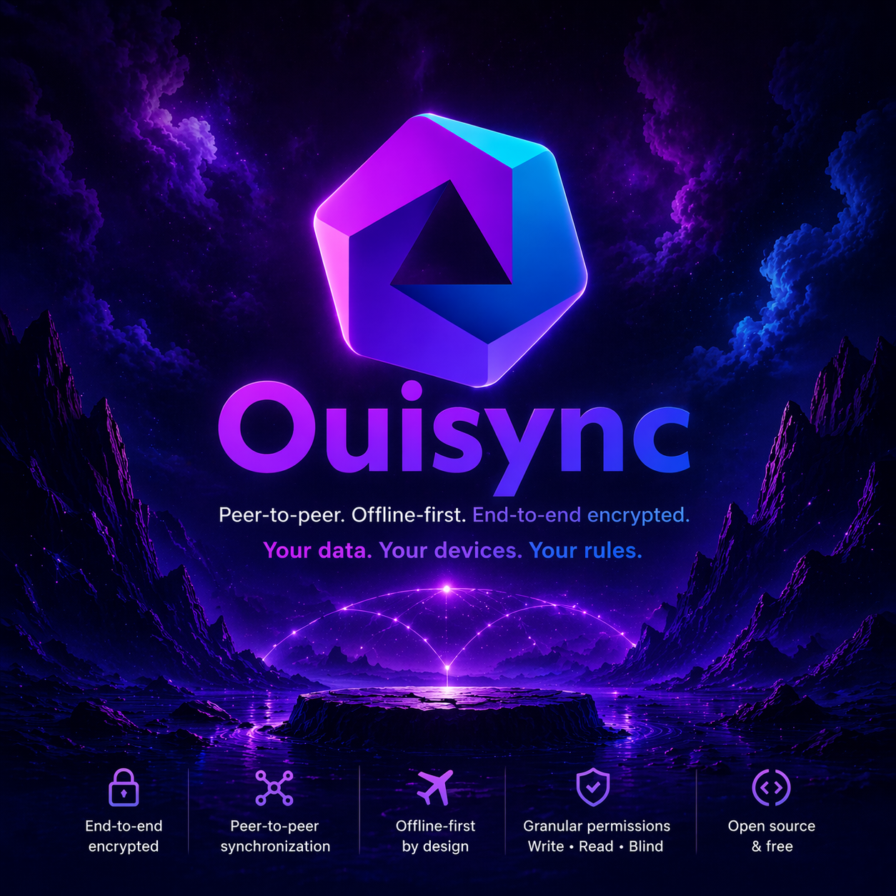 Atmosphärisches Ouisync-Artwork in Neon-Violett und Blau. Das Ouisync-Logo steht groß im Mittelpunkt vor einer futuristischen, dunklen Landschaft mit leuchtendem Himmel und technischer Sci-Fi-Stimmung. AI Image