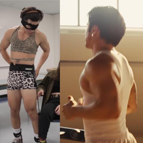 Two side-by-side images: A young man with black hair stands in a classroom wearing a superhero mask, a woman’s leopard-print halter top and a leopard-print-ish square cut swimsuit. In the next image, a young man with black hair jogs on a treadmill with an attached video screen as a trainer directs him on the screen. 