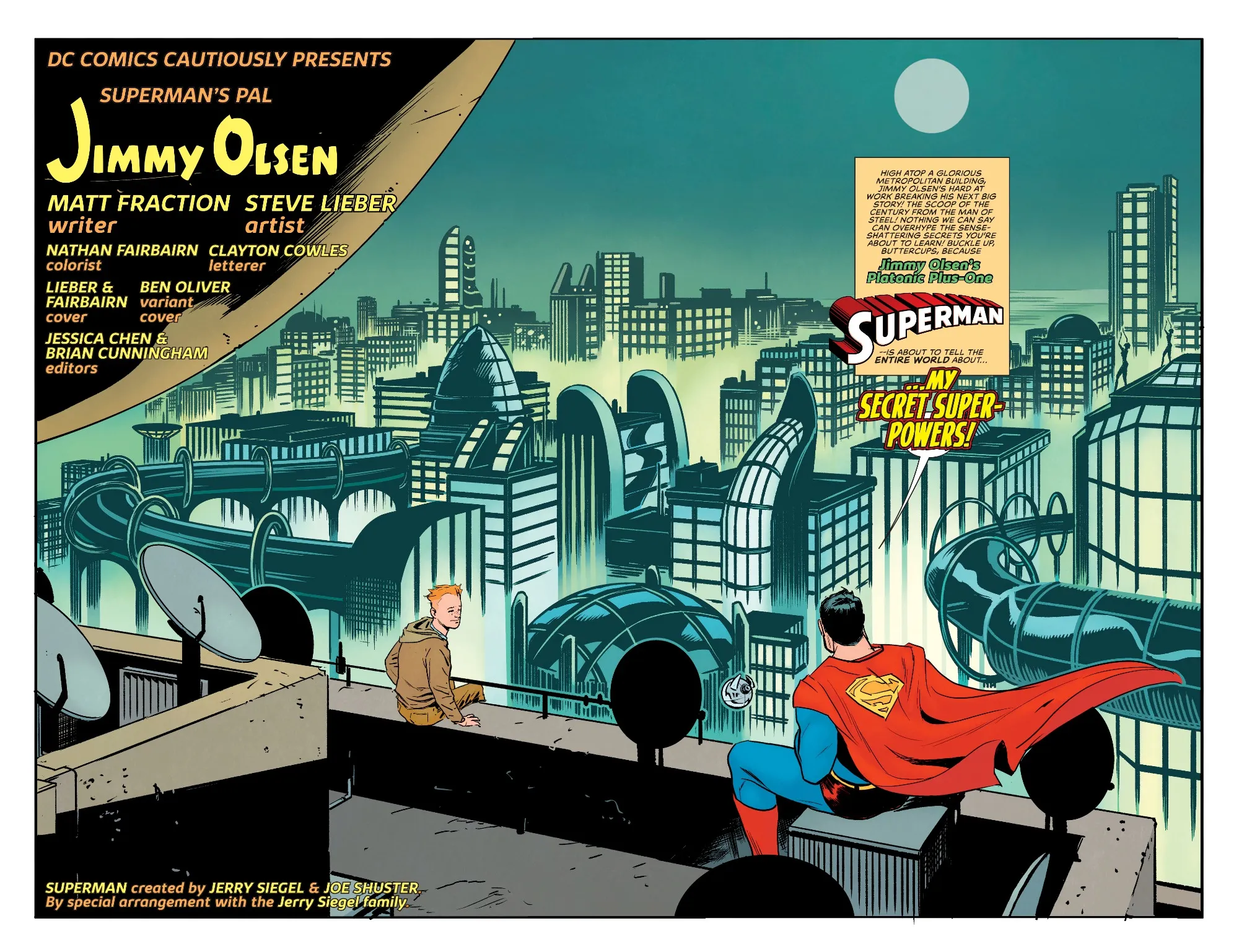 Superman and Jimmy Olsen on the roof of the daily planet. Art from Superman's Pal Jimmy Olsen. Written by Matt Fraction, drawn by Steve Lieber with INCREDIBLY valuable background assists by Tom Rogers. Color by Nathan fairbairn. Letters by Clayton Cowles. 