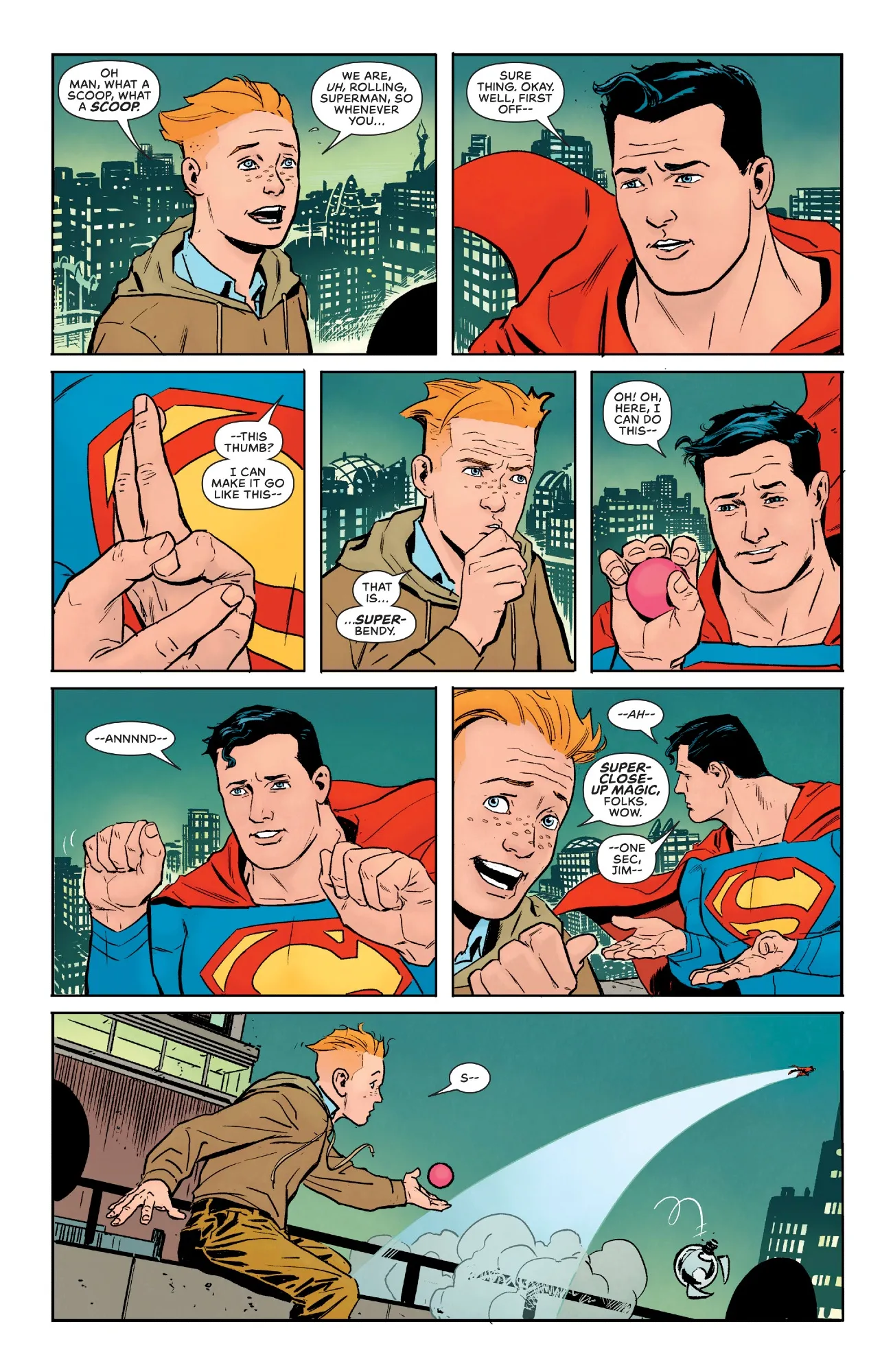 still on the rooftop, Superman demonstrates some new super-powers to Jimmy Olsen 