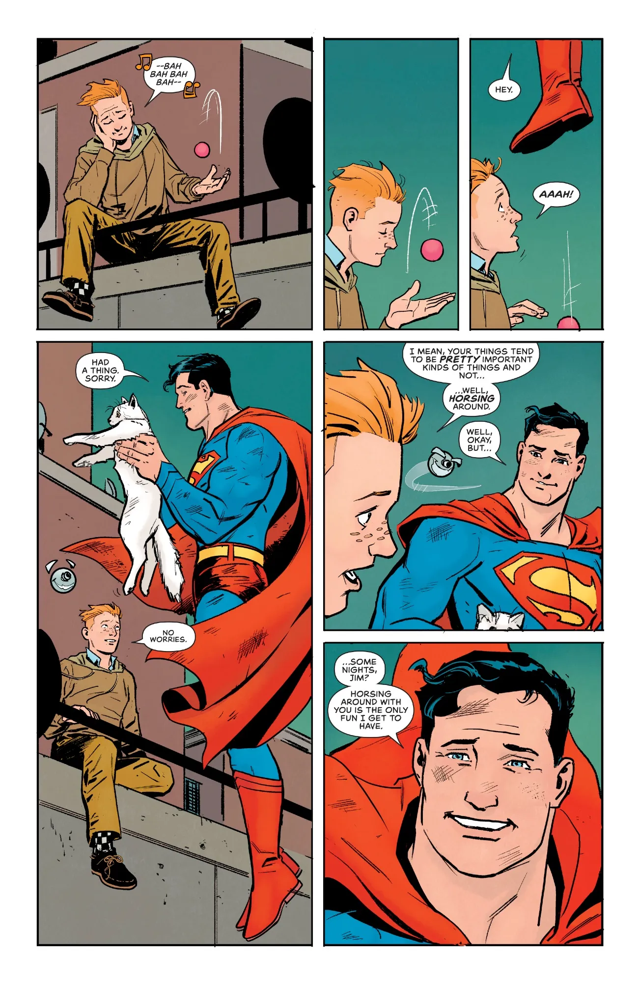 Page of Superman and Jimmy hanging out and talking at night on the roof of the daily planet. In panel 4 Superman is holding a cat he rescued, and the cat is not happy. 