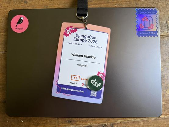 Djangocon Europe 2026 badge and stickers.