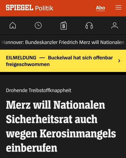 Screenshot von SpiegelOnline mit dem Inhalt:
"EILMELDUNG — Buckelwal hat sich offenbar freigeschwommen

Drohende Treibstoffknappheit Merz will Nationalen Sicherheitsrat auch wegen Kerosinmangels einberufen"