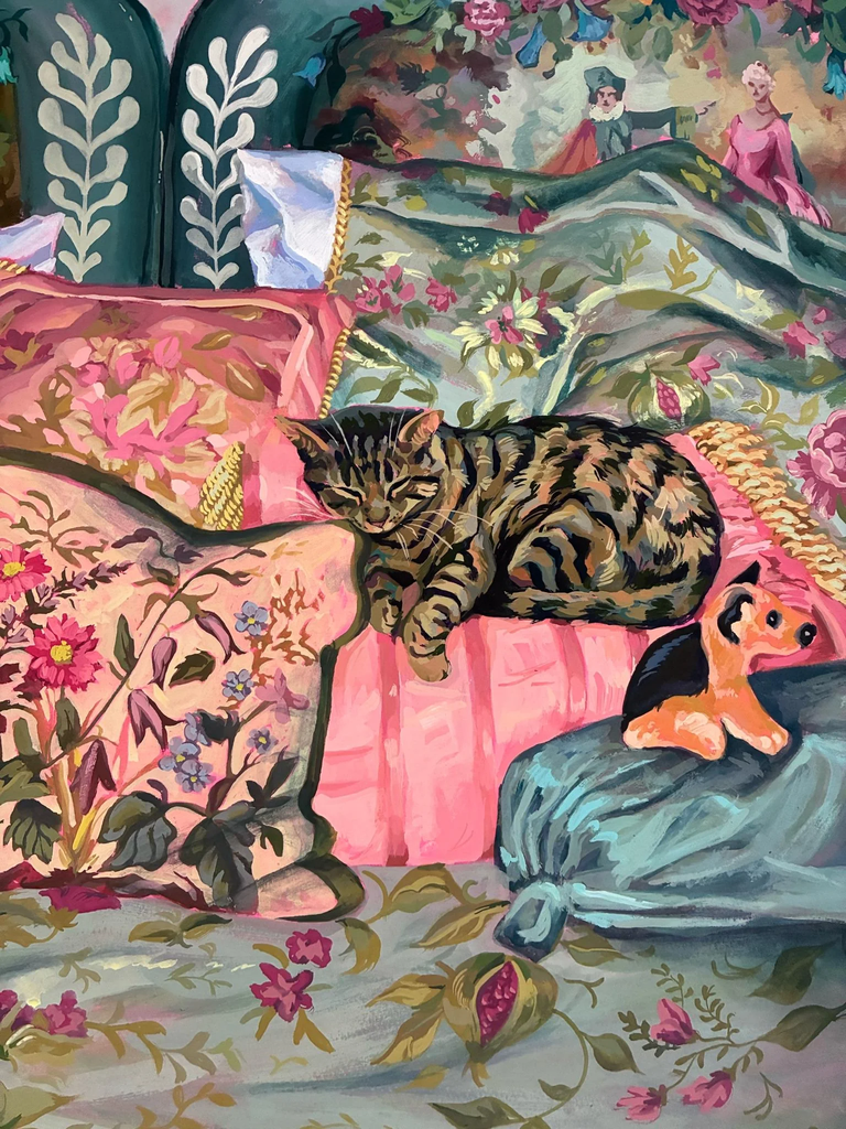 An acrylic painting of a tabby cat sleeping on a pink floral pillow. The setting is a bed with decorative, patterned linens in shades of green, blue, and gold. In the background, small figures of a man and a woman in 18th-century attire are visible. A small toy dog sits on a blue cushion in the foreground.