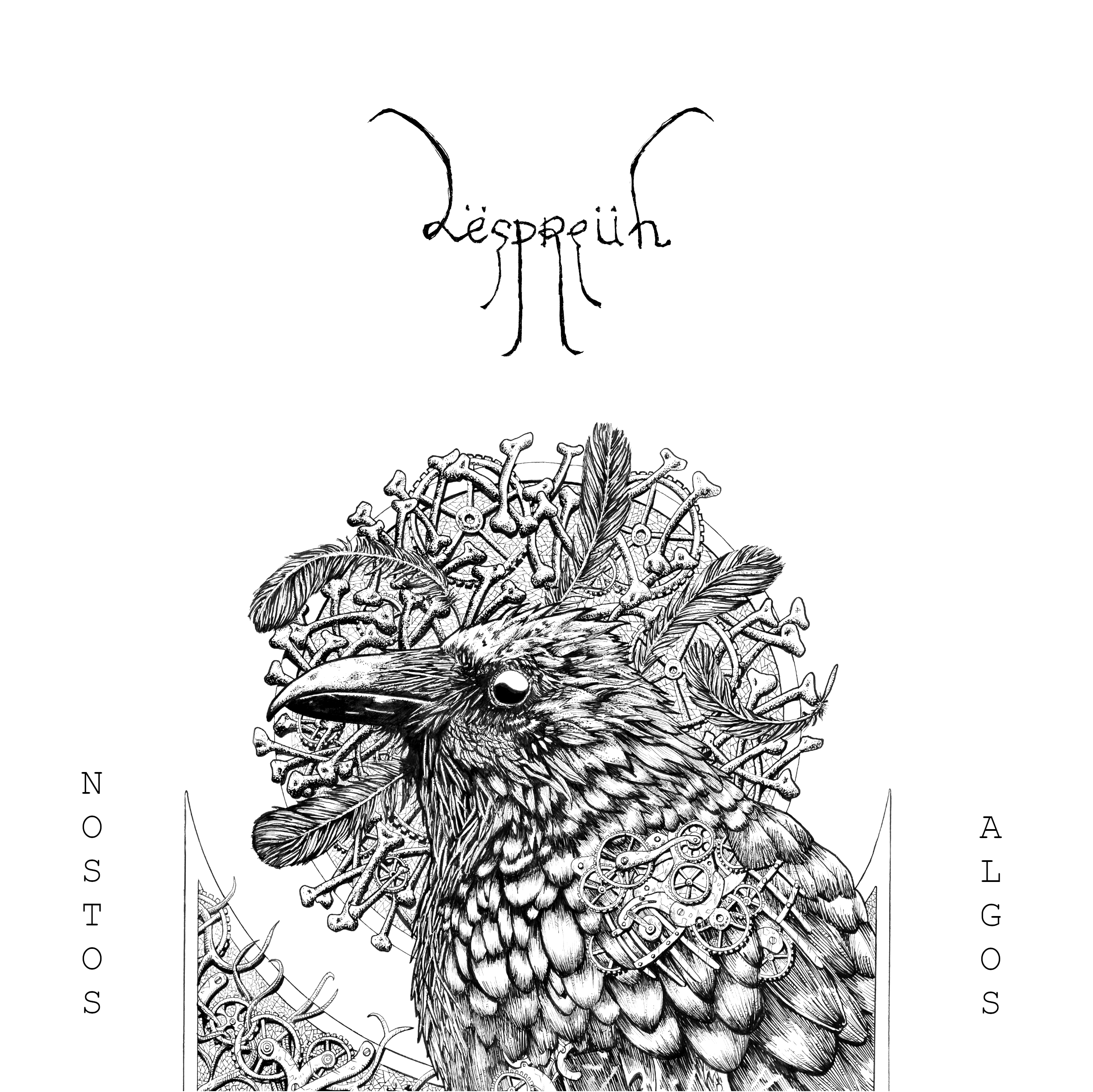 Pochette de mon album Nostos Algos, On peut lire "Lëspreuh" au dessus d'un corbeau de profil, aux ailes mécaniques et devant un cercle formé d'os, de plumes et d'engrenages. "Nostos" apparait verticalement à gauche et "Algos" à droite
