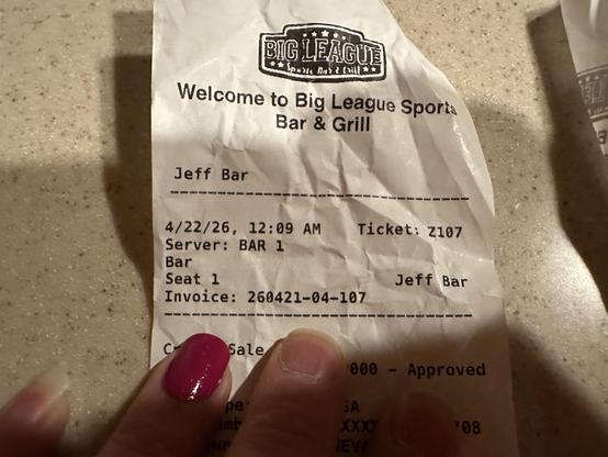 The top of my receipt/bar tab. My name was misheard and a "Jeff Bar" is the individual fingered on the bill.