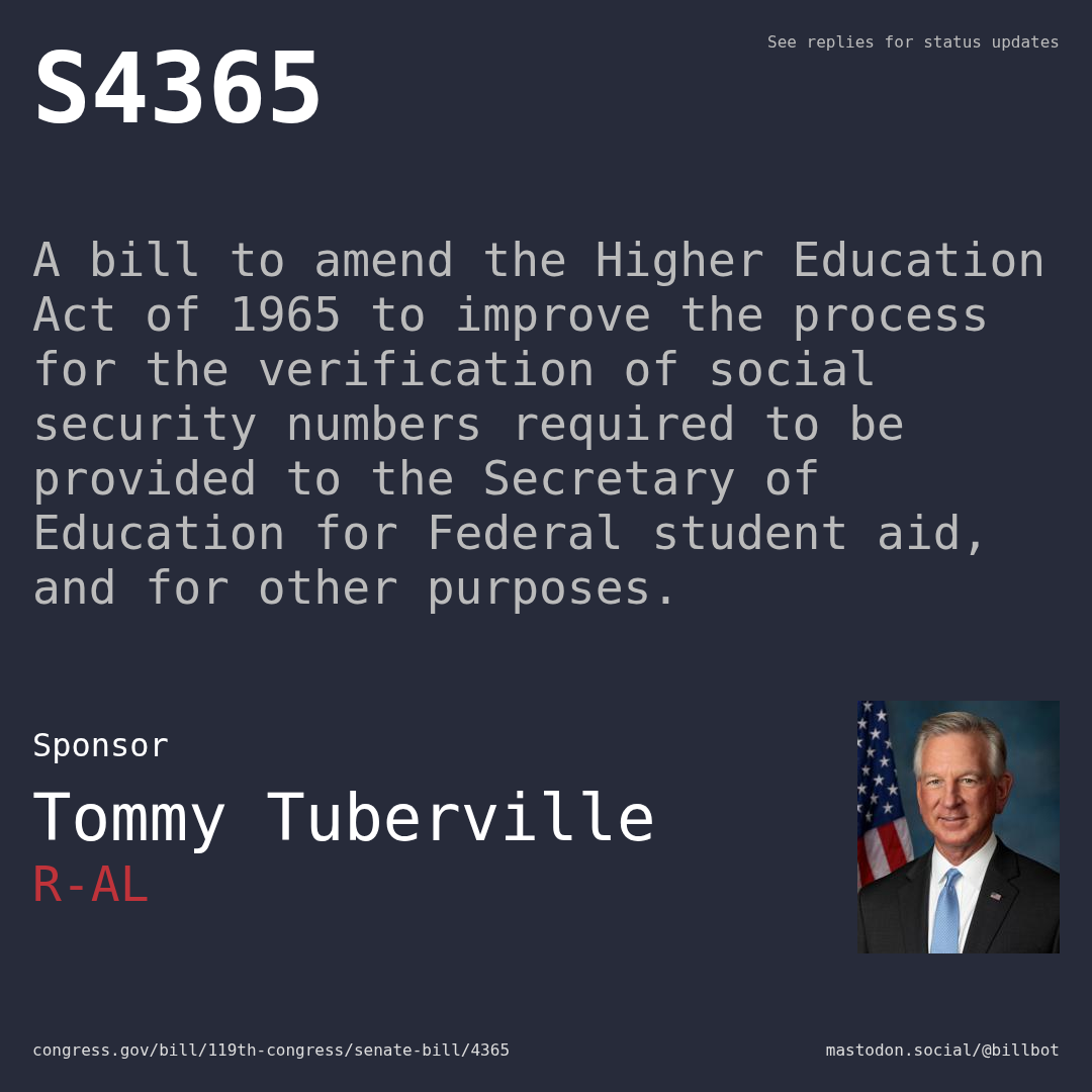 Description of S4365, and a depiction of its sponsor, Tommy Tuberville.