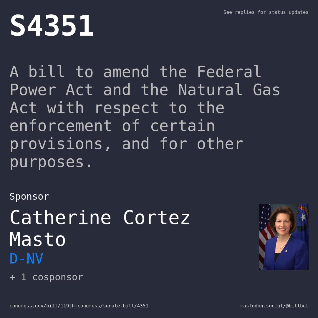Description of S4351, and a depiction of its sponsor, Catherine Cortez Masto.